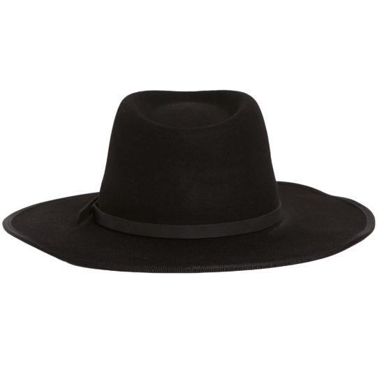 The Black Wide Brim Fedora with Leather Band, an embodiment of timeless sophistication. This elegant fedora features a wide brim and a sleek black leather band, combining classic style with modern sensibility. A versatile accessory that exudes refinement, it's the perfect choice to elevate your fashion game for any occasion.