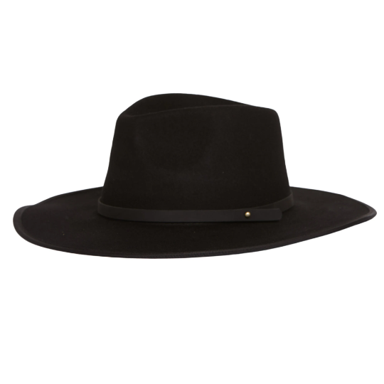 The Black Wide Brim Fedora with Leather Band, an embodiment of timeless sophistication. This elegant fedora features a wide brim and a sleek black leather band, combining classic style with modern sensibility. A versatile accessory that exudes refinement, it's the perfect choice to elevate your fashion game for any occasion.