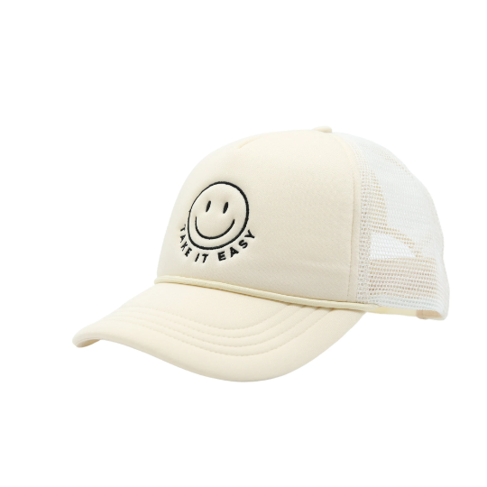 Introducing the 'Take It Easy' Smiley Face Hat, a fun and lighthearted addition to your headwear collection. This hat features an iconic smiley face design, radiating positivity and good vibes. With its cheerful and relaxed style, it's the perfect accessory to express your carefree spirit and spread happiness wherever you go.