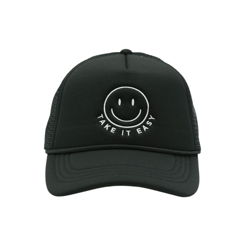 Introducing the 'Take It Easy' Smiley Face Hat, a fun and lighthearted addition to your headwear collection. This hat features an iconic smiley face design, radiating positivity and good vibes. With its cheerful and relaxed style, it's the perfect accessory to express your carefree spirit and spread happiness wherever you go.