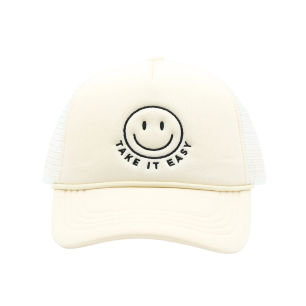 Introducing the 'Take It Easy' Smiley Face Hat, a fun and lighthearted addition to your headwear collection. This hat features an iconic smiley face design, radiating positivity and good vibes. With its cheerful and relaxed style, it's the perfect accessory to express your carefree spirit and spread happiness wherever you go.